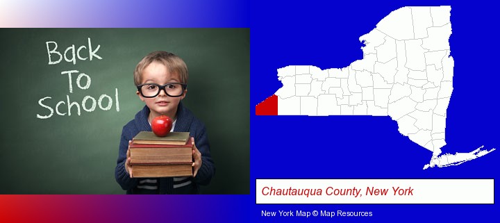 the back-to-school concept; Chautauqua County, New York highlighted in red on a map