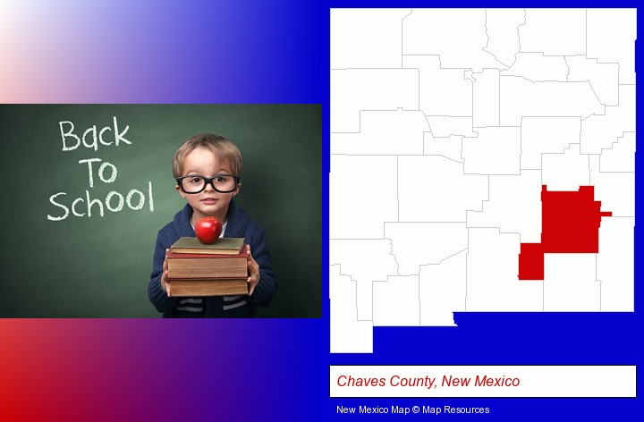 the back-to-school concept; Chaves County, New Mexico highlighted in red on a map