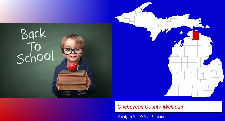 the back-to-school concept; Cheboygan County, Michigan highlighted in red on a map