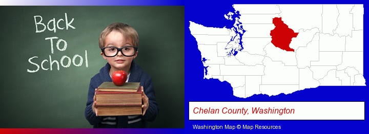 the back-to-school concept; Chelan County, Washington highlighted in red on a map