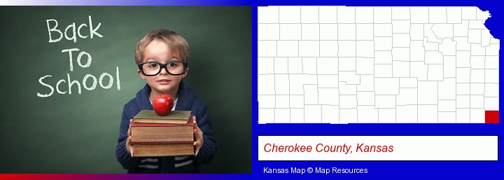 the back-to-school concept; Cherokee County, Kansas highlighted in red on a map