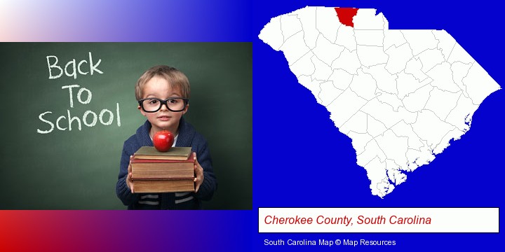 the back-to-school concept; Cherokee County, South Carolina highlighted in red on a map