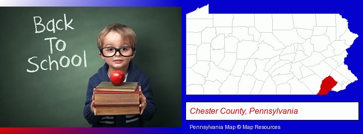 the back-to-school concept; Chester County, Pennsylvania highlighted in red on a map