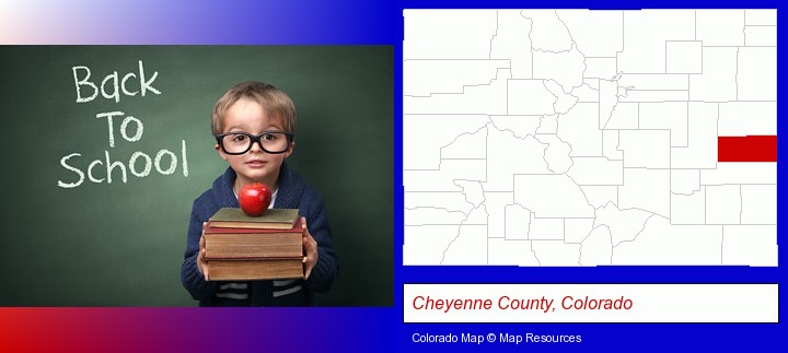 the back-to-school concept; Cheyenne County, Colorado highlighted in red on a map