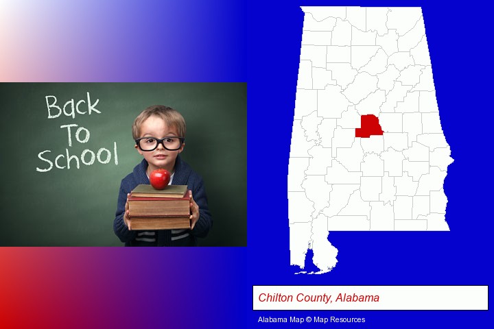 the back-to-school concept; Chilton County, Alabama highlighted in red on a map