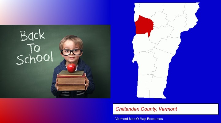 the back-to-school concept; Chittenden County, Vermont highlighted in red on a map