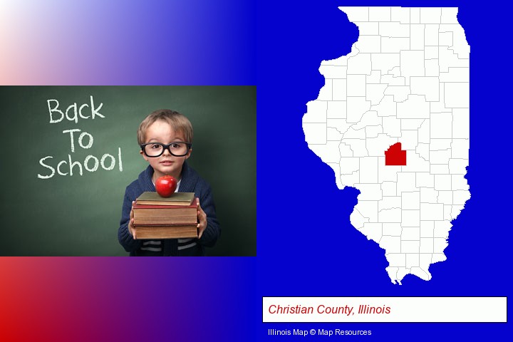 the back-to-school concept; Christian County, Illinois highlighted in red on a map