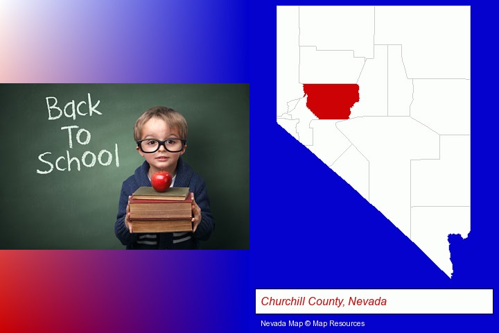 the back-to-school concept; Churchill County, Nevada highlighted in red on a map
