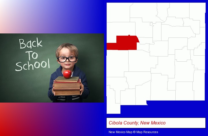 the back-to-school concept; Cibola County, New Mexico highlighted in red on a map