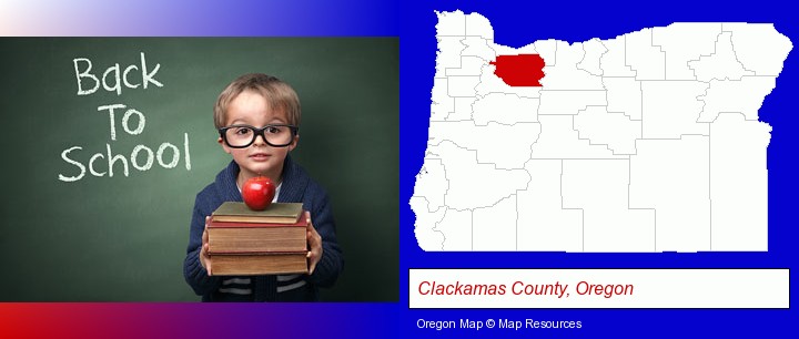 the back-to-school concept; Clackamas County, Oregon highlighted in red on a map