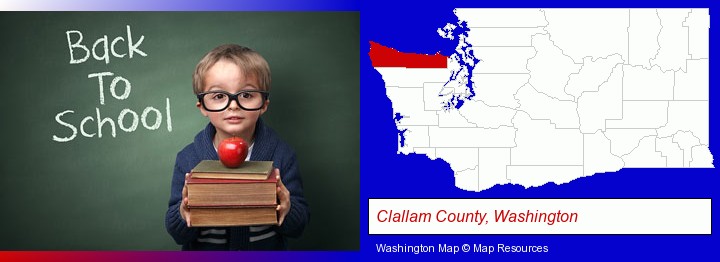 the back-to-school concept; Clallam County, Washington highlighted in red on a map