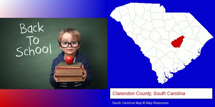 the back-to-school concept; Clarendon County, South Carolina highlighted in red on a map