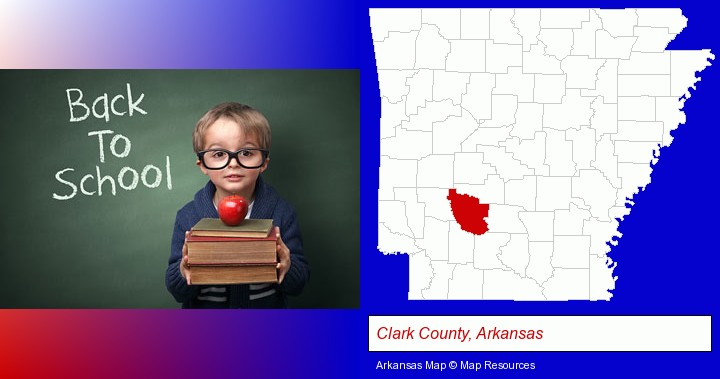the back-to-school concept; Clark County, Arkansas highlighted in red on a map