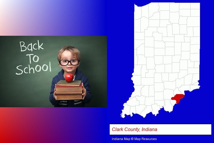the back-to-school concept; Clark County, Indiana highlighted in red on a map