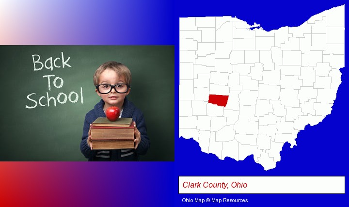 the back-to-school concept; Clark County, Ohio highlighted in red on a map