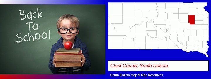 the back-to-school concept; Clark County, South Dakota highlighted in red on a map