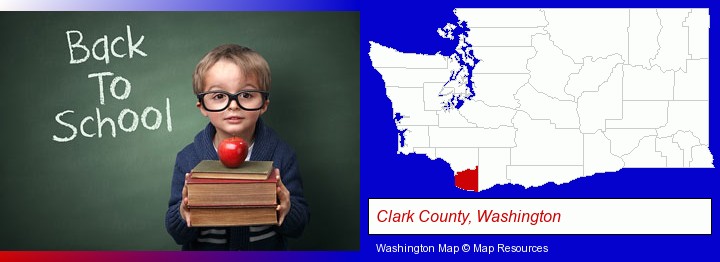 the back-to-school concept; Clark County, Washington highlighted in red on a map