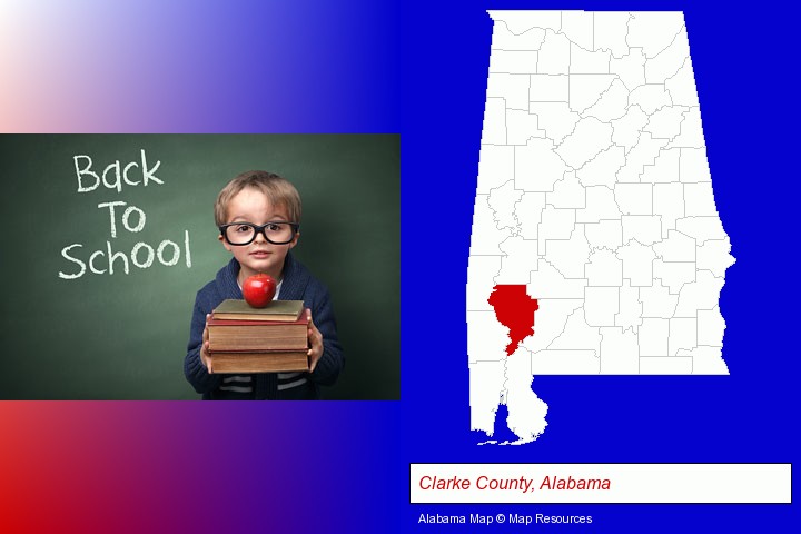 the back-to-school concept; Clarke County, Alabama highlighted in red on a map