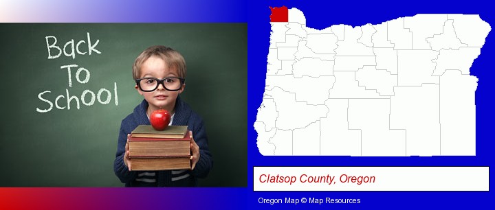 the back-to-school concept; Clatsop County, Oregon highlighted in red on a map
