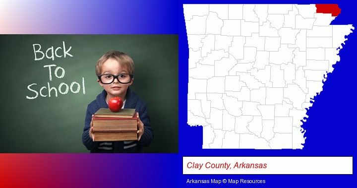 the back-to-school concept; Clay County, Arkansas highlighted in red on a map
