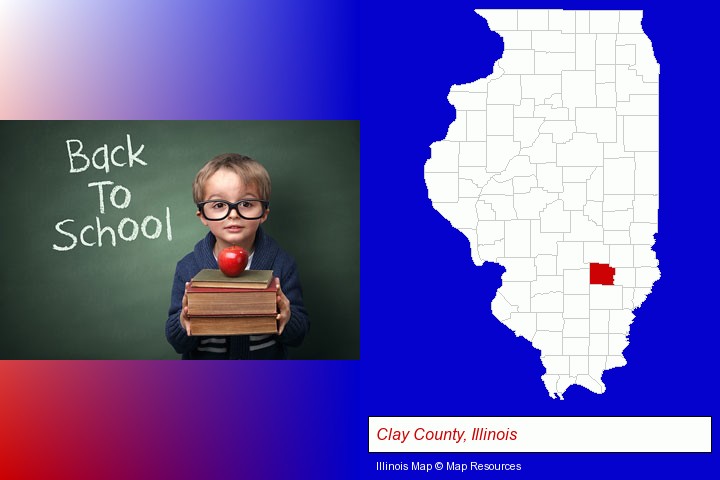 the back-to-school concept; Clay County, Illinois highlighted in red on a map