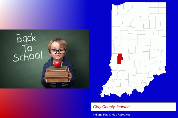 the back-to-school concept; Clay County, Indiana highlighted in red on a map