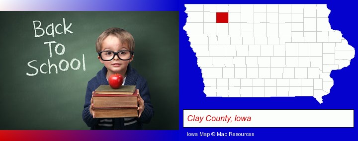 the back-to-school concept; Clay County, Iowa highlighted in red on a map