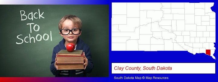 the back-to-school concept; Clay County, South Dakota highlighted in red on a map