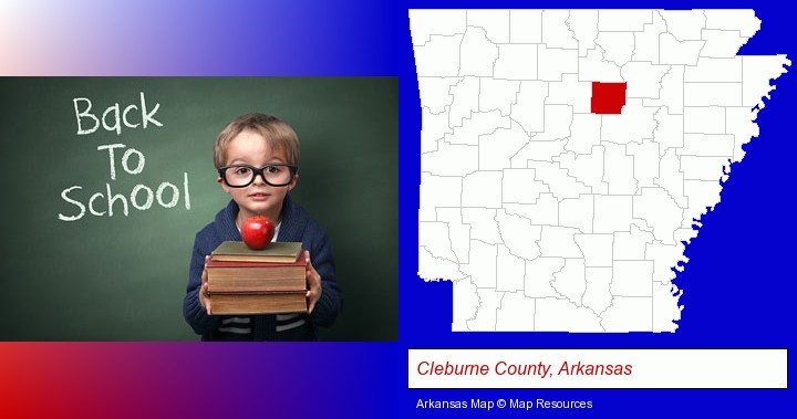 the back-to-school concept; Cleburne County, Arkansas highlighted in red on a map