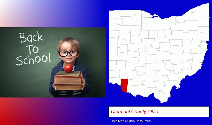 the back-to-school concept; Clermont County, Ohio highlighted in red on a map
