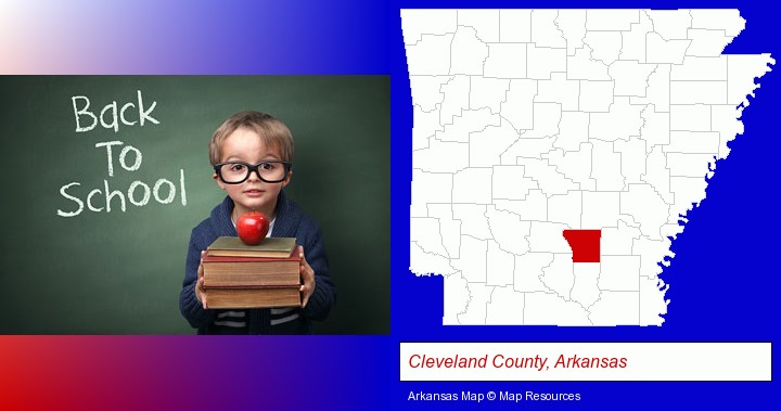the back-to-school concept; Cleveland County, Arkansas highlighted in red on a map
