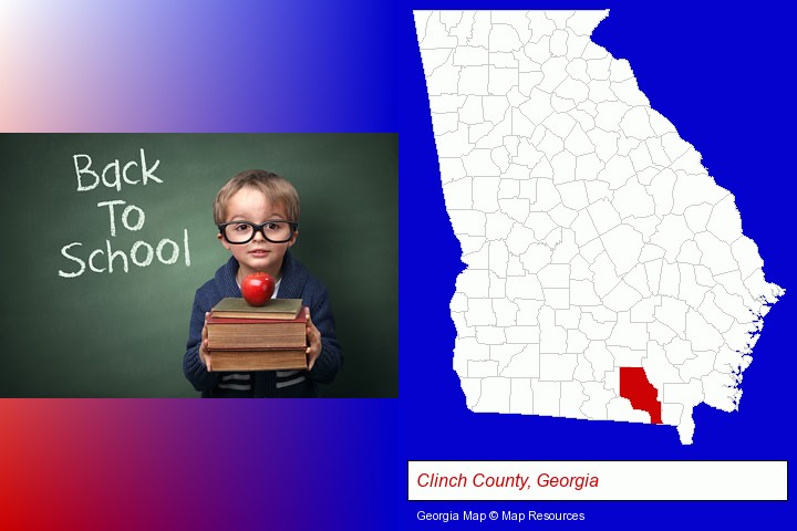 the back-to-school concept; Clinch County, Georgia highlighted in red on a map