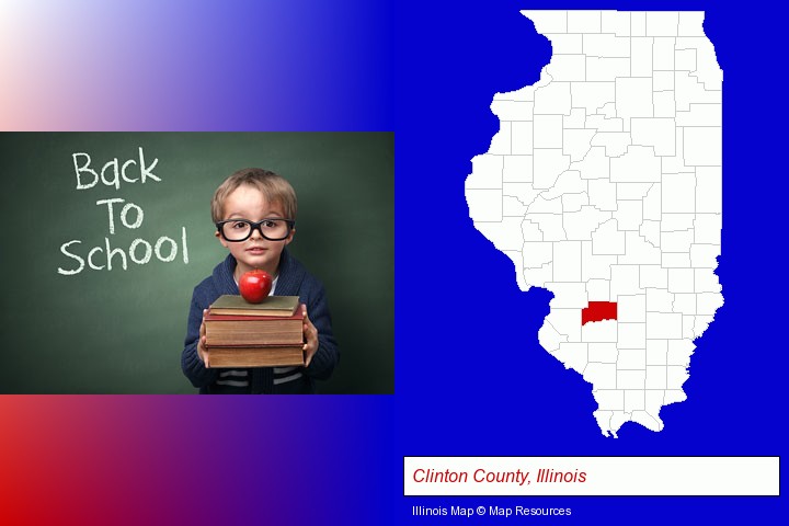 the back-to-school concept; Clinton County, Illinois highlighted in red on a map