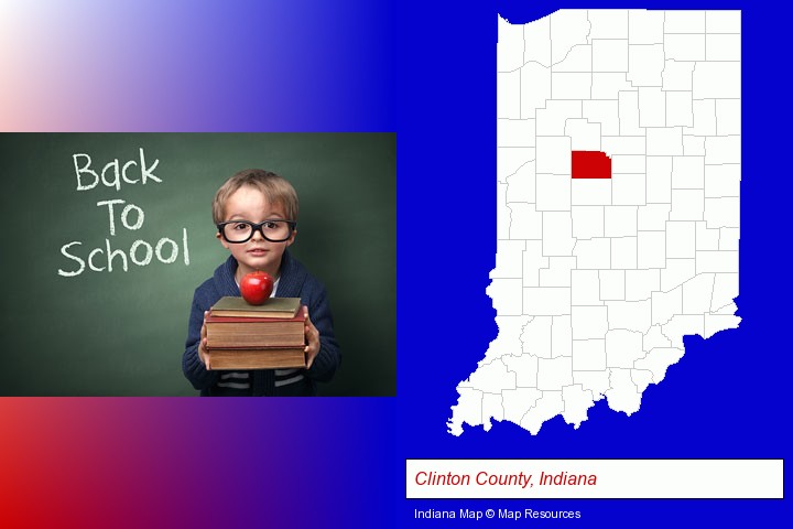 the back-to-school concept; Clinton County, Indiana highlighted in red on a map