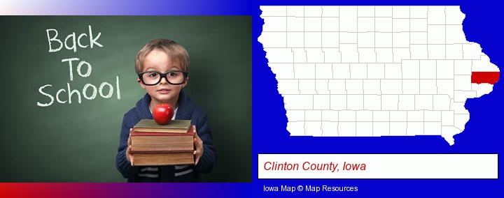 the back-to-school concept; Clinton County, Iowa highlighted in red on a map