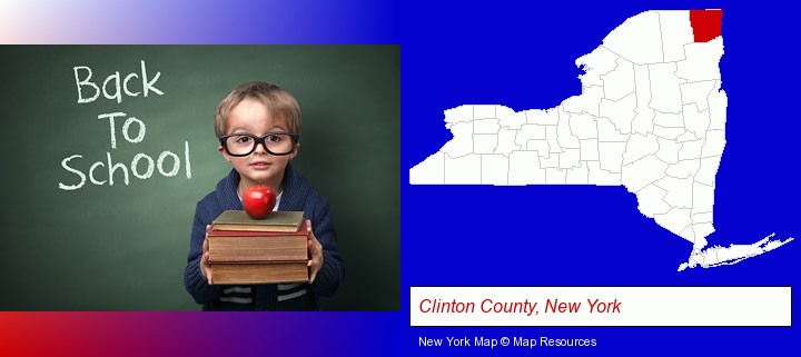 the back-to-school concept; Clinton County, New York highlighted in red on a map