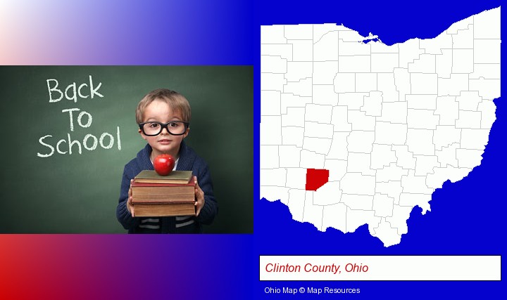 the back-to-school concept; Clinton County, Ohio highlighted in red on a map