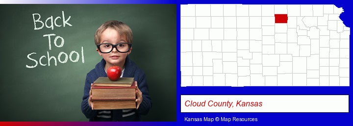 the back-to-school concept; Cloud County, Kansas highlighted in red on a map