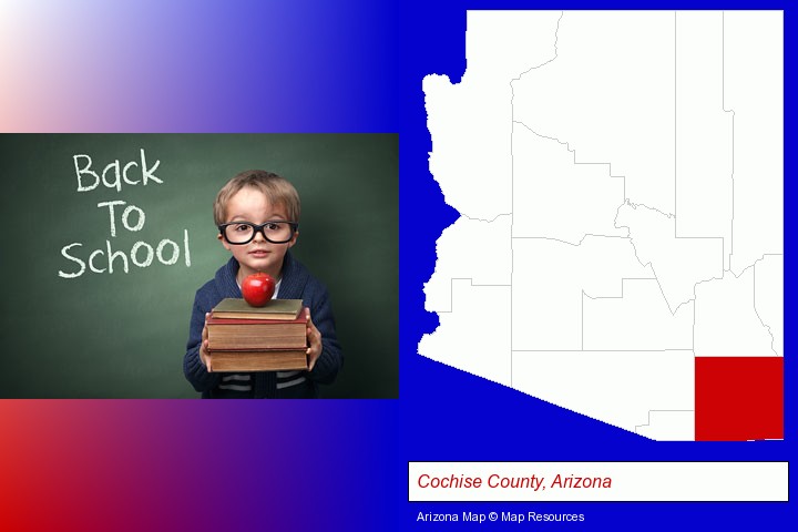 the back-to-school concept; Cochise County, Arizona highlighted in red on a map