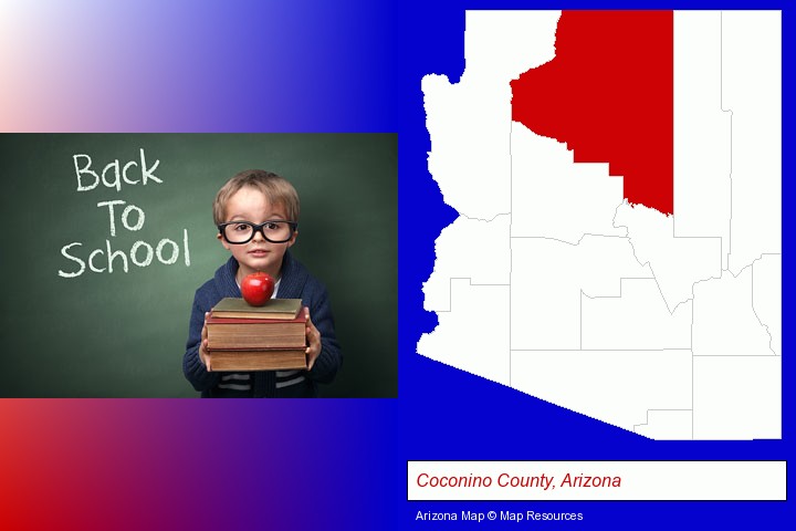 the back-to-school concept; Coconino County, Arizona highlighted in red on a map