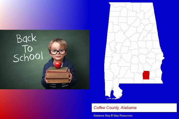 the back-to-school concept; Coffee County, Alabama highlighted in red on a map