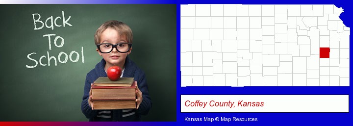 the back-to-school concept; Coffey County, Kansas highlighted in red on a map