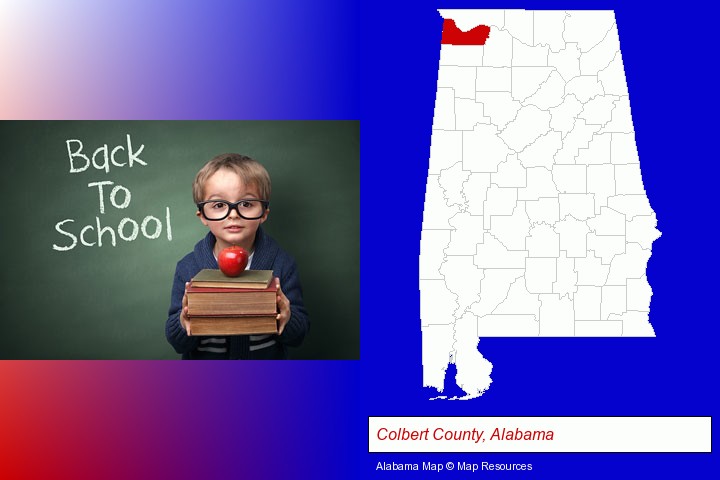the back-to-school concept; Colbert County, Alabama highlighted in red on a map