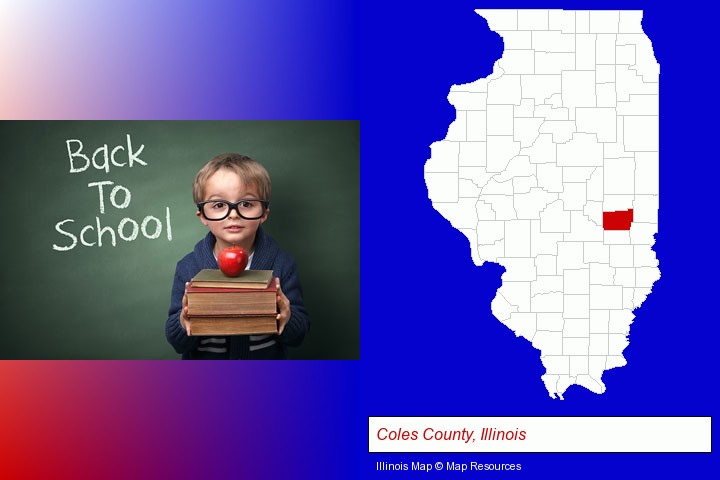 the back-to-school concept; Coles County, Illinois highlighted in red on a map