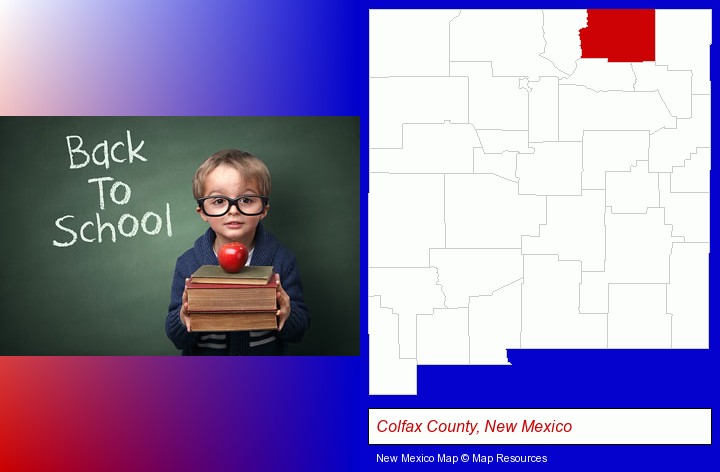 the back-to-school concept; Colfax County, New Mexico highlighted in red on a map