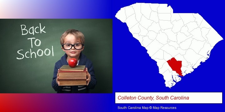 the back-to-school concept; Colleton County, South Carolina highlighted in red on a map