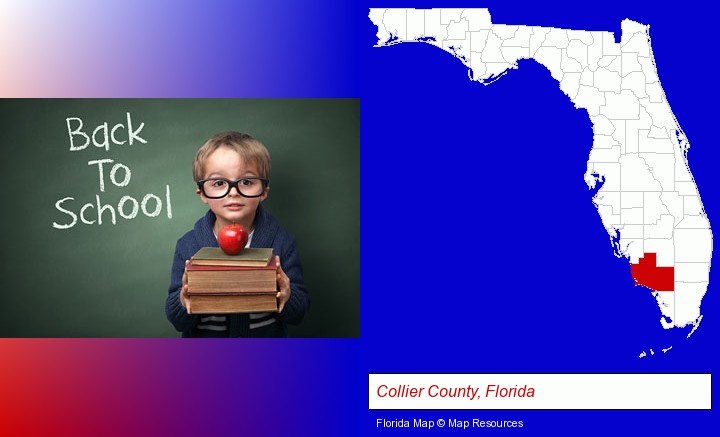 the back-to-school concept; Collier County, Florida highlighted in red on a map