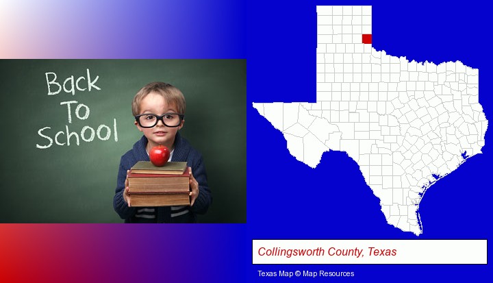 the back-to-school concept; Collingsworth County, Texas highlighted in red on a map