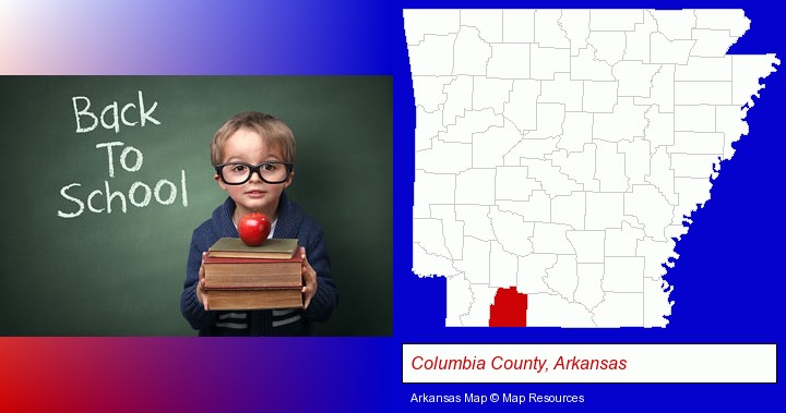 the back-to-school concept; Columbia County, Arkansas highlighted in red on a map
