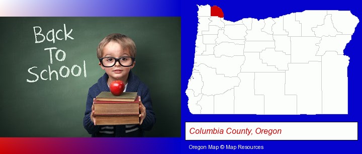 the back-to-school concept; Columbia County, Oregon highlighted in red on a map